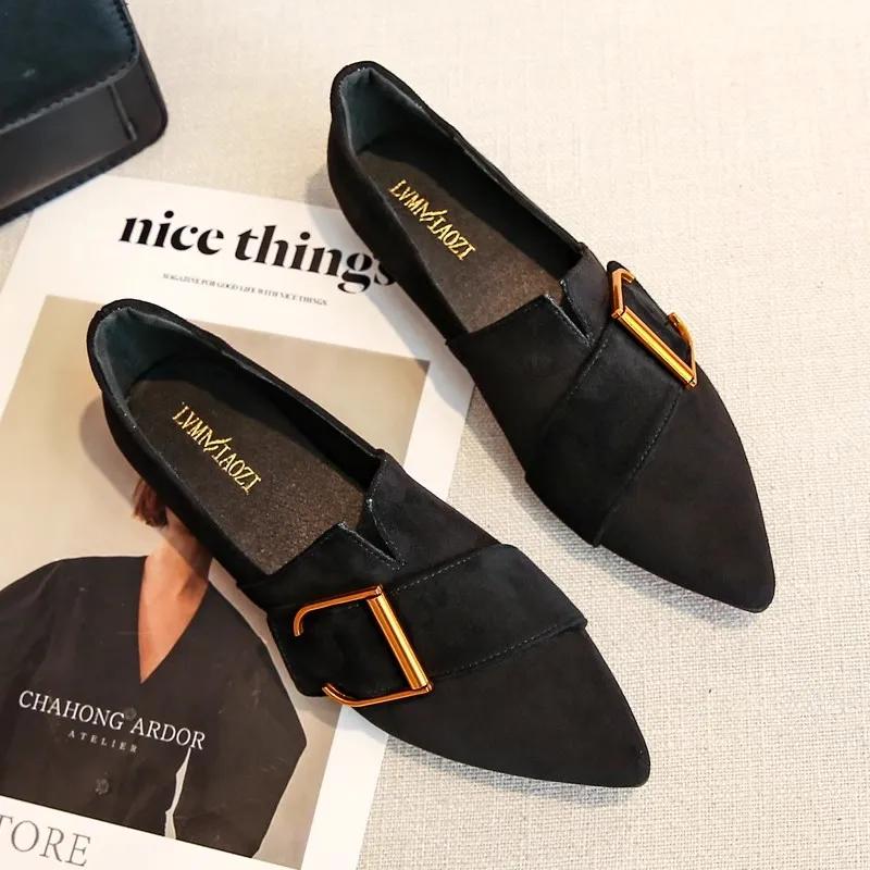 Women's Pointed-Toe Flat Suede Shoes - Soft Leather Pea Shoes for Spring and Autumn
