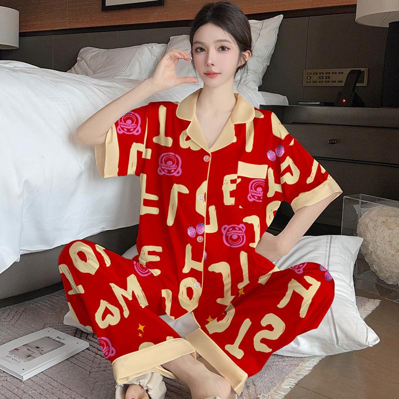 Ice Silk Pajamas Women S Summer Sweet Short-Sleeved Trousers Alphabet Cartoon Loungewear M