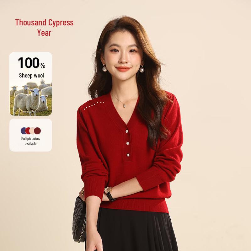 

Qianbainian 2025 Осень/Зима Женский Элегантный Вязаный Свитер с V-образным Вырезом из 100% Шерсти L