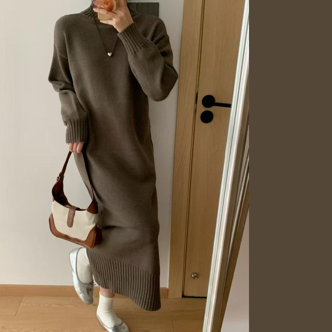 

Длинная юбка-свитер осень-зима ленивый стиль пуловер утолщенный большой размер низа свободного трикотажного платья для женщин One size кофейный