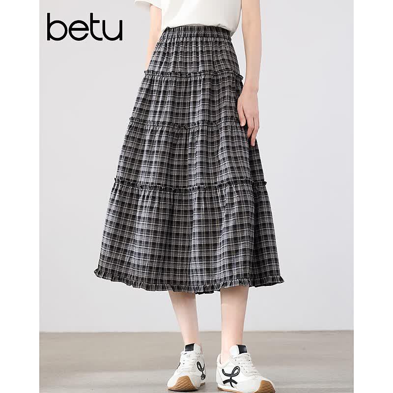 Betu Women's Retro Plaid A-Line Skirt