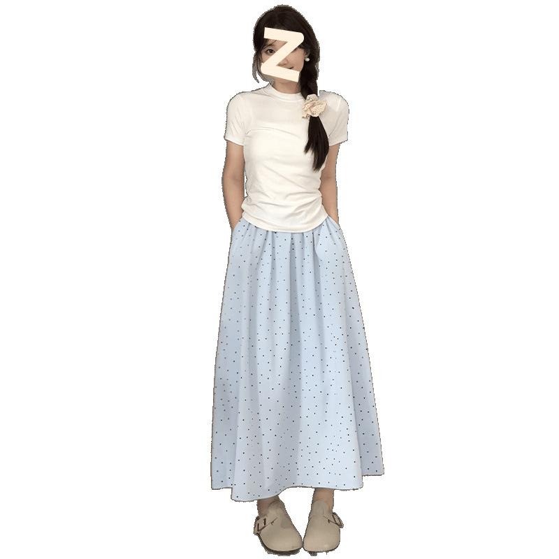Women's Summer Blue Polka Dot High-Waisted A-Line Versatile Simple Slimming Mid-Length French Style Umbrella Skirt Trendy