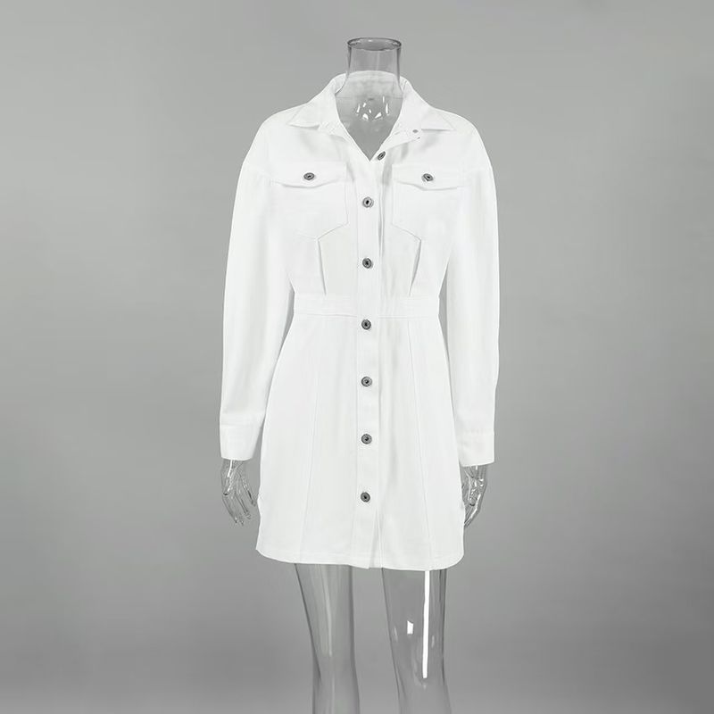 

Fashion Wind Lapel Single Breasted Waist-Tight Dress Flip Collar Single Brewed Dress White L