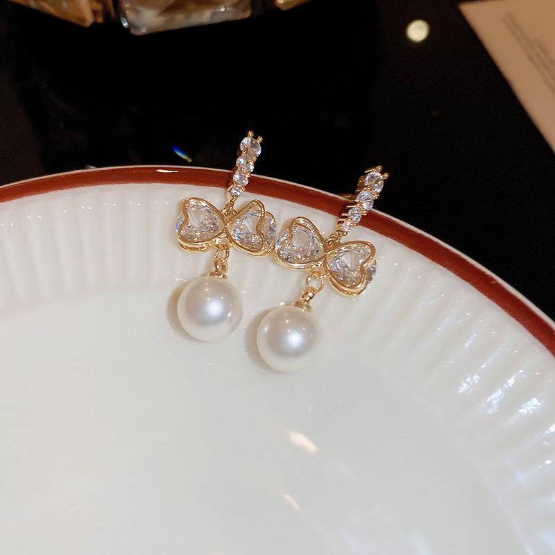 Elegant Gold-Plated Bow & Faux Pearl Earrings with Silver Needle