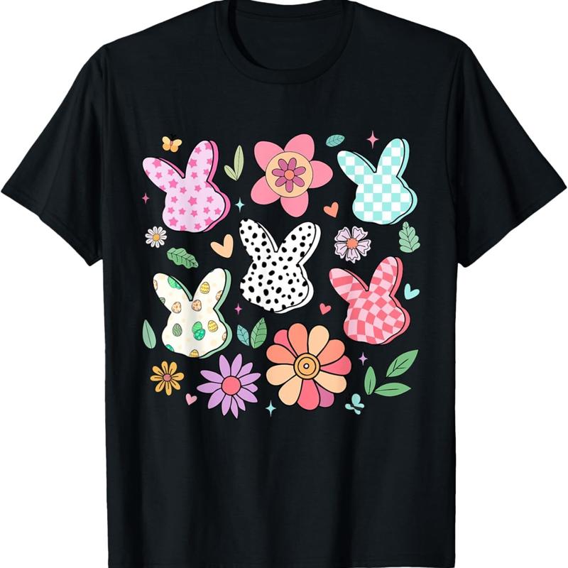 Joyeux lapin de paques Boho Floral Plaid lapin fille femmes t-shirt S