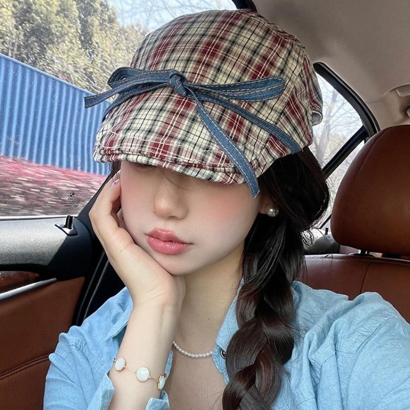 Unique Vintage Bow Tie Plaid Newsboy Cap Women Sweet Summer Thin Breathable Fashion Reversible Beret Cap