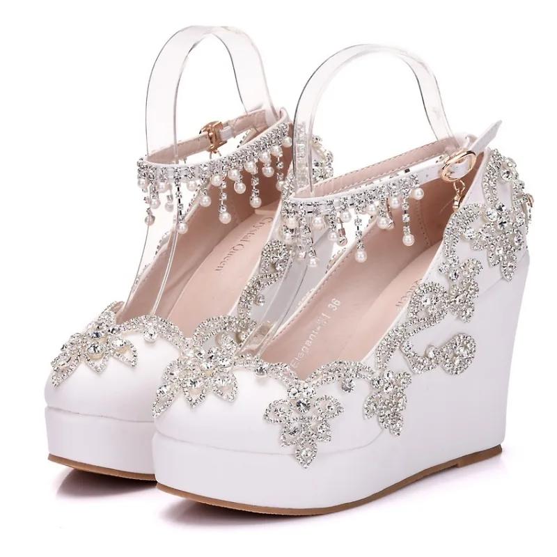 Women Pumps Sexy Fashion Extremely Rhinestone Pointed Toe Buckle Strap PU 10CM Wedges high heels String Bead Girls Women Shoes