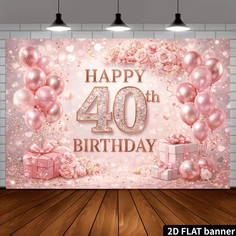 Sfondo per Festa di Compleanno 40 Anni 2D Rosa Oro Rosa Glitter Floreale Sfondo Fotografico
