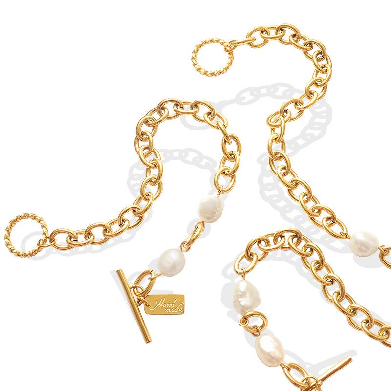 European & American OT Buckle Geometric Square Plate Freshwater Pearl Gold Christmas Bracelet for Women, Titanium Steel Jewelry