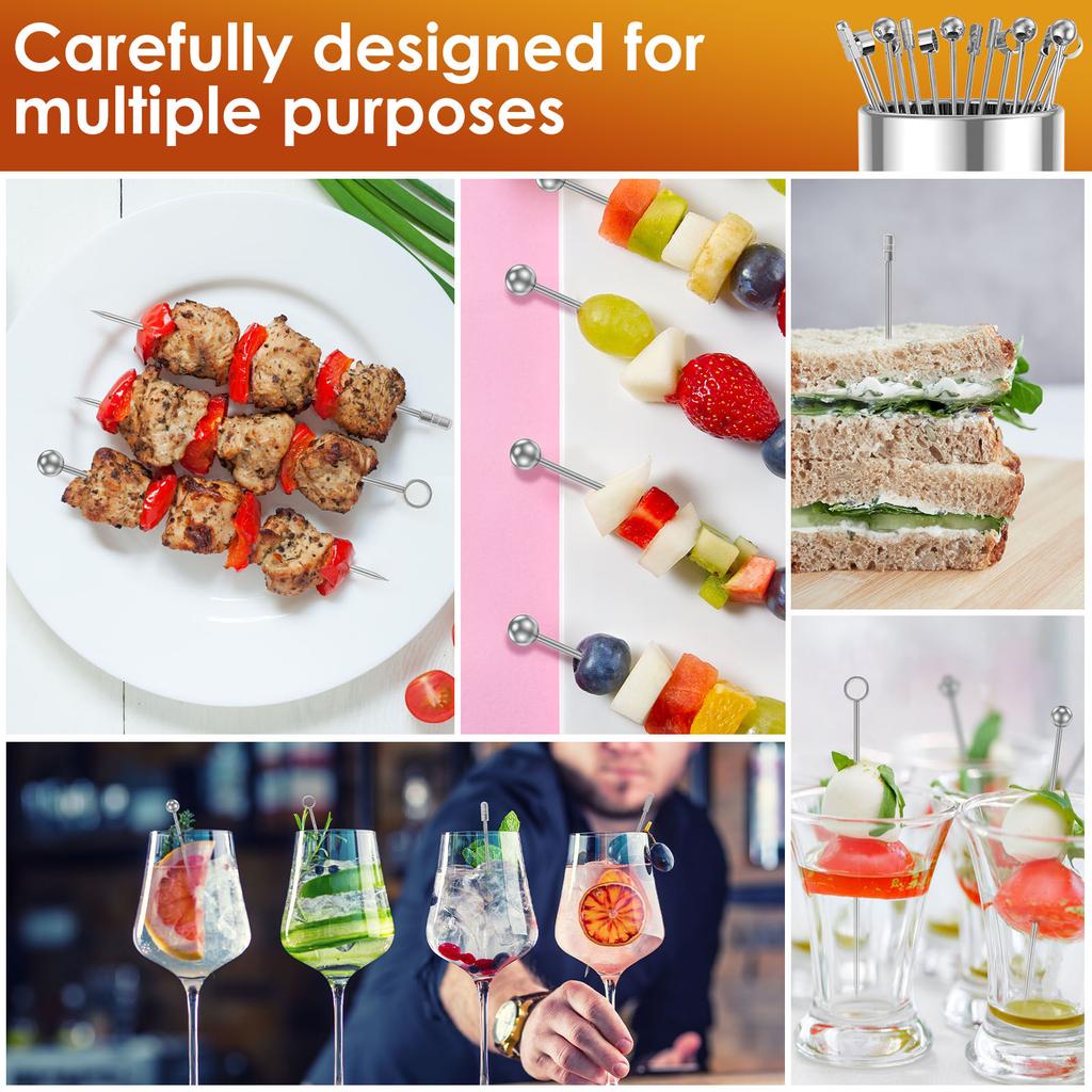 20/12pcs Cocktail Picks Stainless Steel Skewers Bar Tool Drink Stirring Sticks Reusable Cocktail Stick for Appetizer Fruit Picks