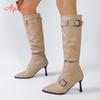 Fashion Aphixta Knee-High Sexy Woman Boots Metal Buckle Pleated Mid-Calf Soft Leather 8cm High Heels Women's Boots Long Boots 2025 Woman