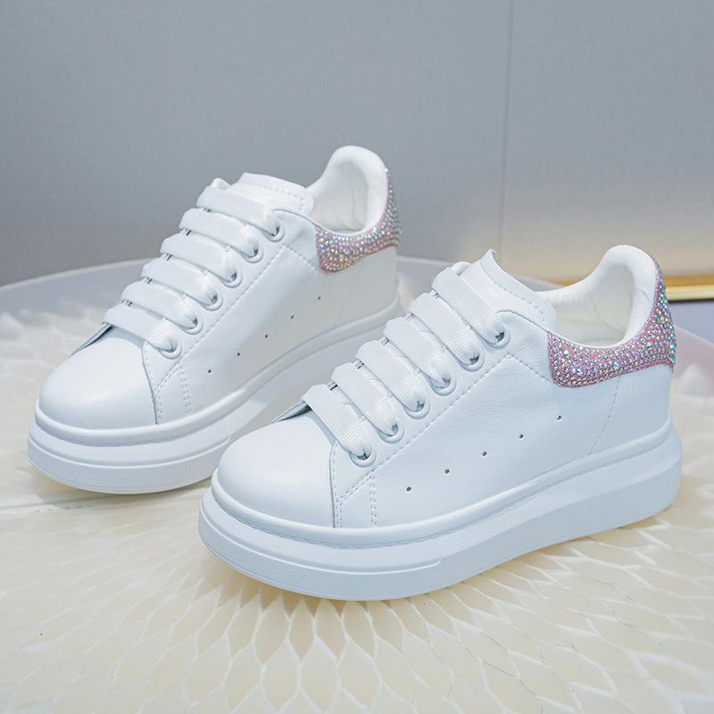 Leather Thick-soled Inner Height-increasing Women's Shoes Spring Versatile Sports and Leisure Single Shoes Round Head Student Rhinestones
