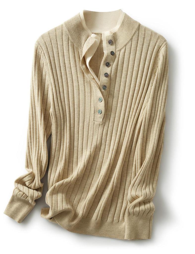 Women's Ribbed Knit Double-Layer Pullover Sweater with Stand Collar - Long Sleeve, Color Block Design for Autumn/Winter