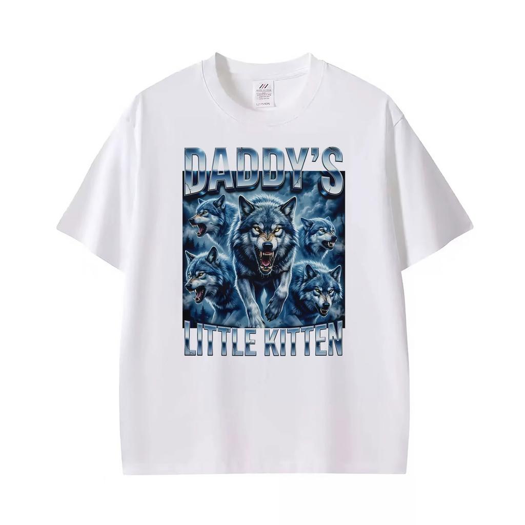 Daddys Kleines Kätzchen Wolf Lustiges Gotisches Meme Grafik T-Shirt Unisex Vintage Übergroße T-Shirts Unisex Lässige Oberteile T-Shirt Streetwear