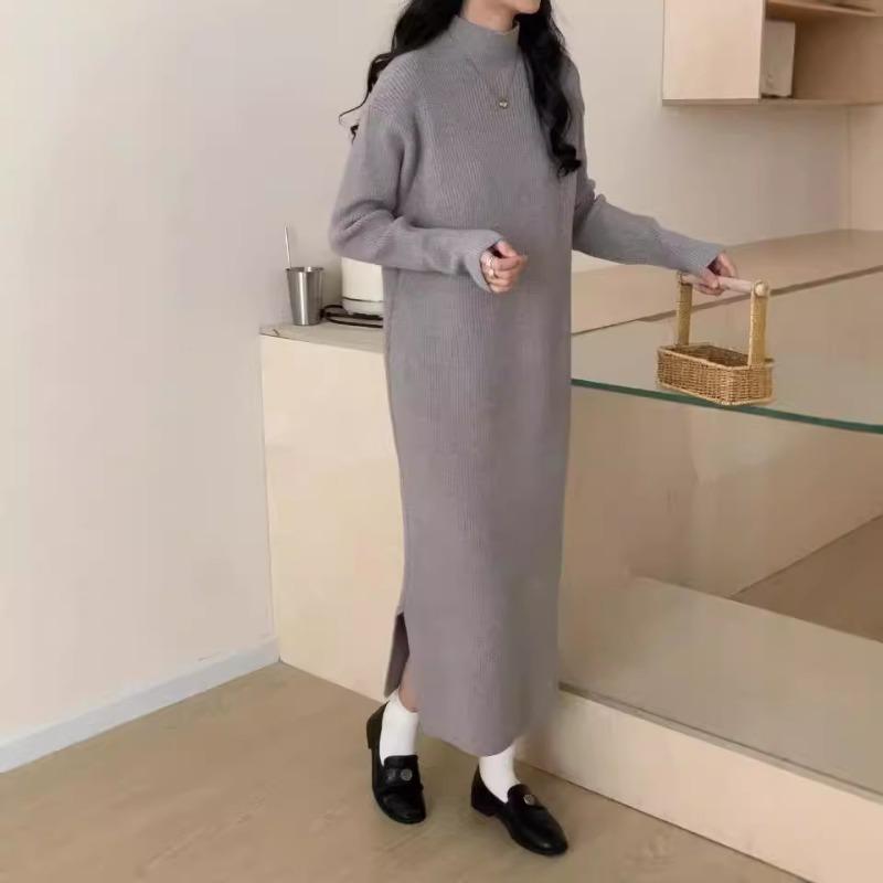 Semi-turtleneck knitted dress autumn and winter with long base over the knee temperament versatile split sweater skirt women