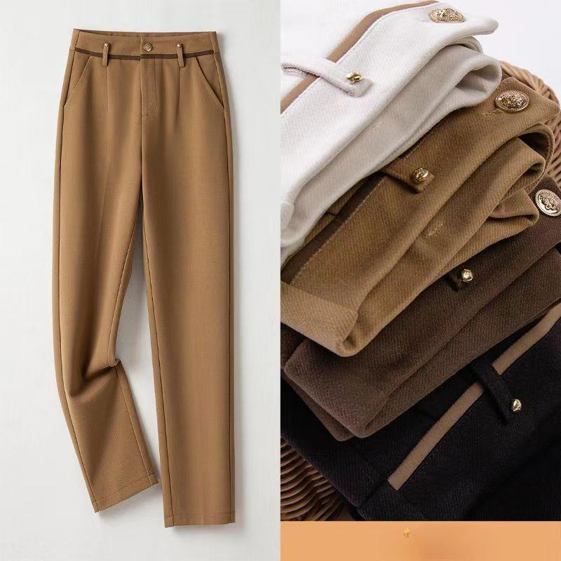 Luxurious Apricot Woolen Trousers for Women: Elegant High Waist, Skinny Cigarette-style Cut, Perfect for Autumn and Spring Seasons
