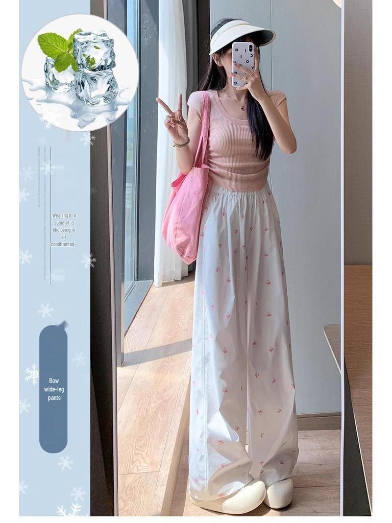 2025 Women's Summer Yamamoto Bow Wide-Leg Pants: Loose, Straight-Leg, Casual Fit for Petite Sizes 145-150