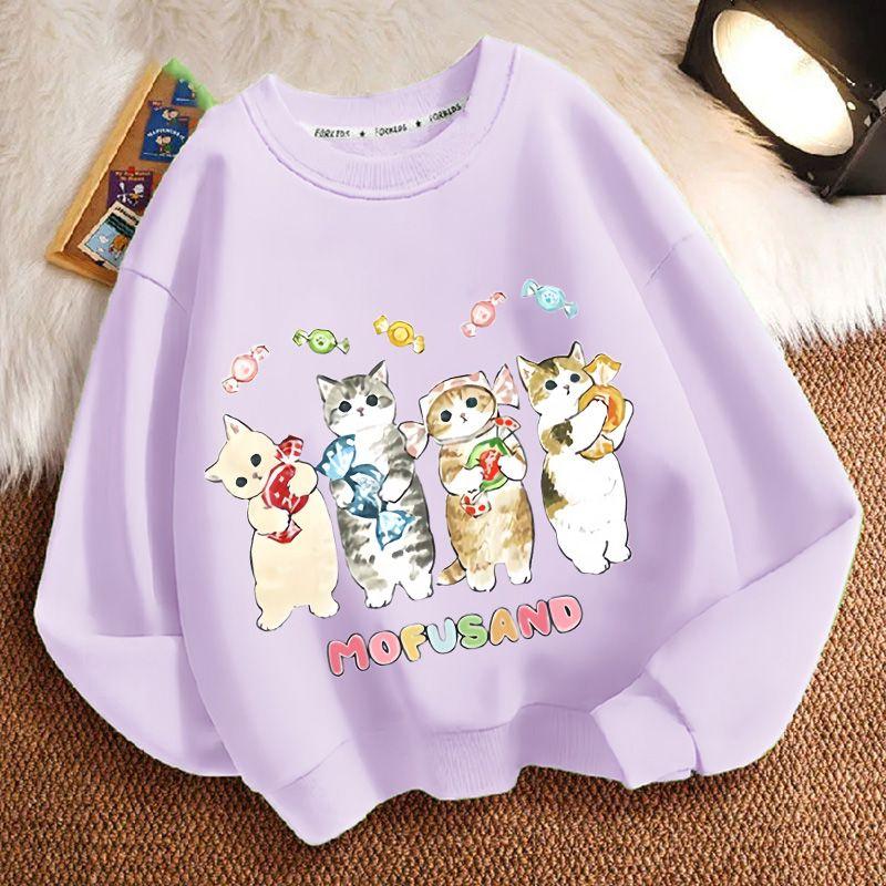 Cute Cat Round-neck Sweatshirt for Children, Fashionable Long-sleeved Casual Sweatshirt for Boys and Girls in Spring and Autumn