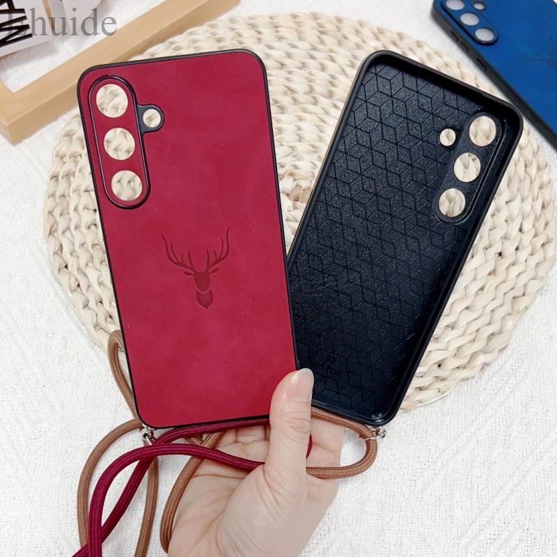 Luksusowe Etui z Paskiem Na Samsung Galaxy S25 Ultra S24 FE S21 S22 S23 Plus A56 Smycz Crossbody Skóra PU Jelonek Miękki Silikonowy Pokrowiec