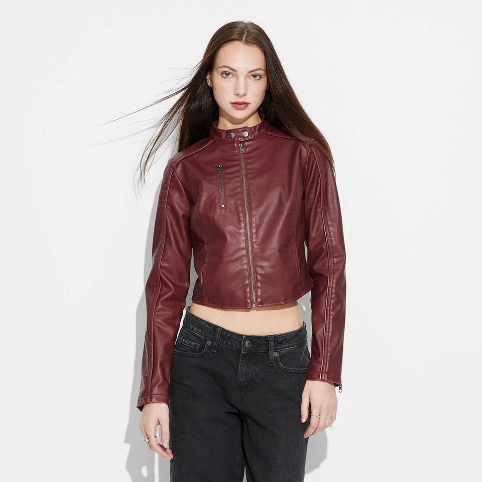 

Женская куртка из натуральной овчины ручной работы, бордовая, кожаная, стильная, байкерская, мотоциклетная 3XL малиновый