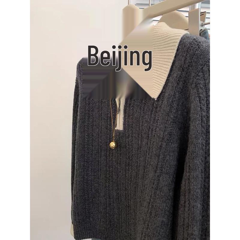 Women's Retro Color Block Polo Neck Sweater - Autumn Winter Slim Fit Knit Top