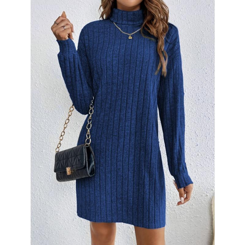 Women S Casual Solid High Neck Long Sleeve Knit Dress
