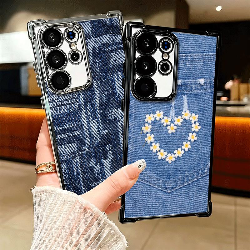 Retro Denim Pattern Soft Phone Case For Samsung Galaxy S26 Ultra S25 Edge S24 FE S23 Plus S22 S21 + S20 Plating Anti-Fall Fundas