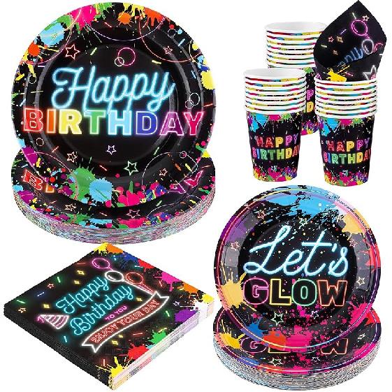 durony 100 Pieces Neon Glow Party Supplies Glow In Dark Tableware Set Includes Paper Plates, Cups, Napkins, Neon Birthday Party Decorations Glow In Glow Neon Style