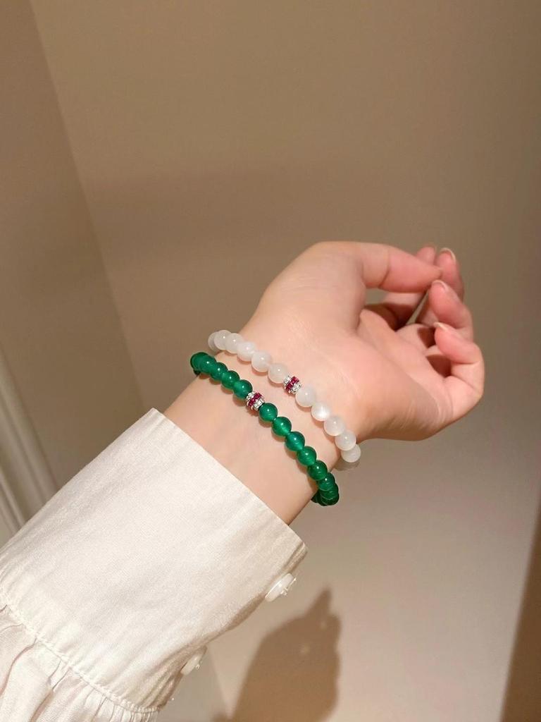 Elegant Green Chalcedony Agate Beaded Bracelet - 6mm & 10mm Beads, New Chinese National Style