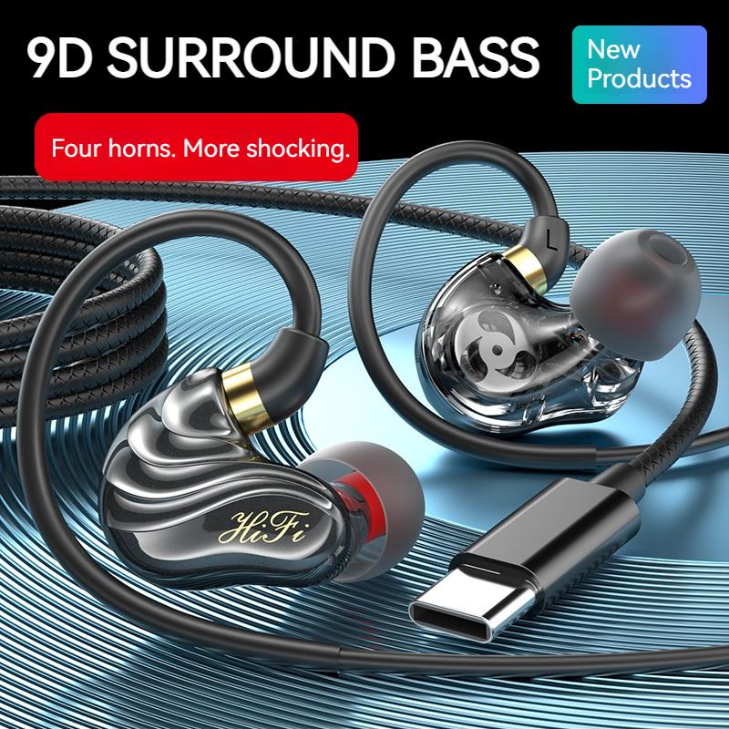 Quad Core 9D Surround Sound Gaming Earphones Type C&3.5mm Wired In-ear Earbuds Deep Bass Headphones Sports Headsets for Samsung