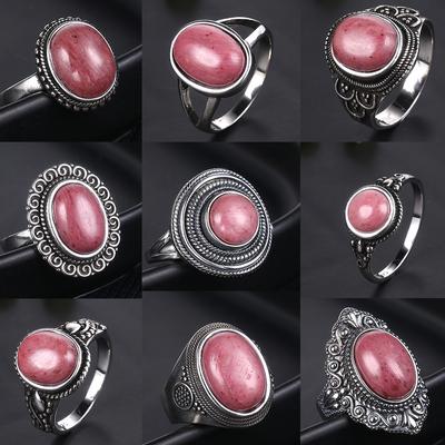 Natural Rhodochrosite Rings Women's S925 Silver Jewelry Ring Gifts Vintage Fine Wedding Ring