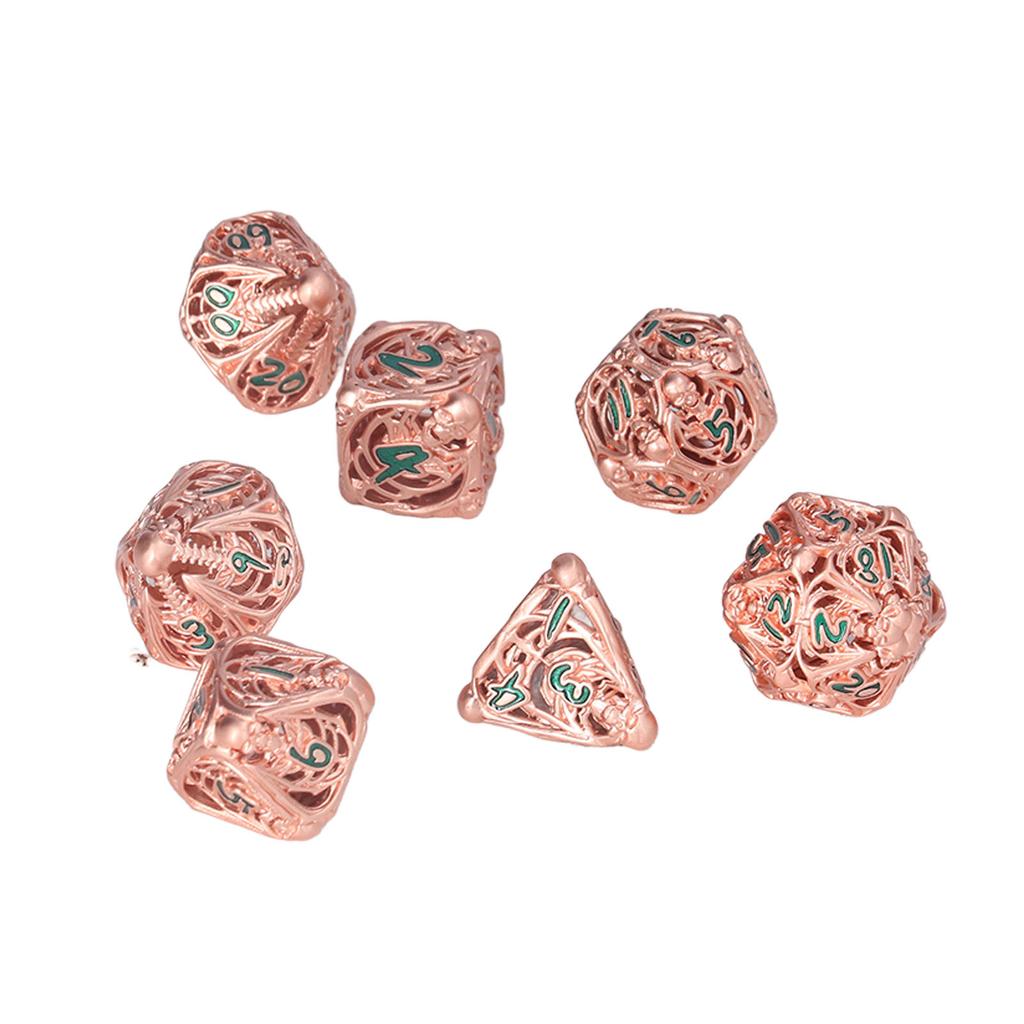 7pcs Hollow Polyhedral Dice Set Holiday Party Skull Pattern Metal Dice Props for Board Card Game