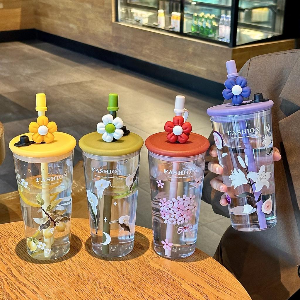 600ml Printed Straw Cup Large Capacity Plastic Cup Coffee Juice Cup with Lid Suitable for Office Sport Cycling Kitchen Accessory