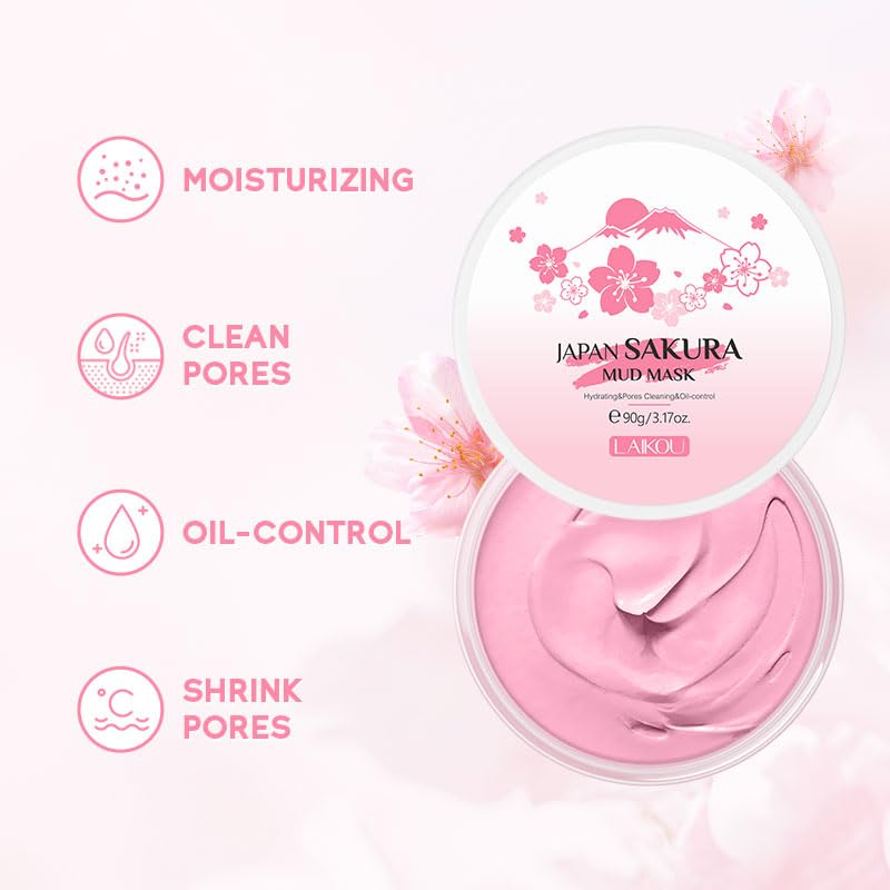 Maska błotna do twarzy z glinką Sakura Głęboko oczyszczająca, Naturalna maska do pielęgnacji skóry do oczyszczania porów, Kontroli sebum, Redukcji trądziku 90g