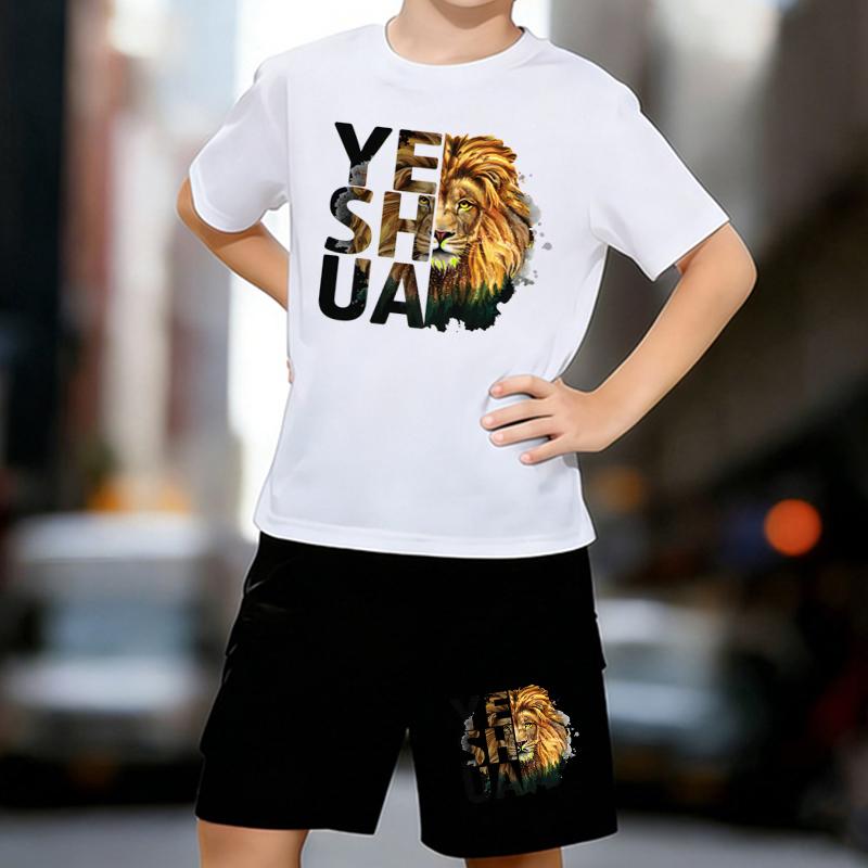 Boys 2 Piece Majestic Lion Print Outfit, Short Sleeve T-Shirt and Shorts Set for Kids Age 5-14,  Black and White Sporty Casual Summer Clothes