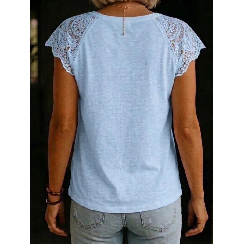 Women V Neck Lace Patchwork Short Sleeve Loose Casual Comfortable Summer New T Shirt Top