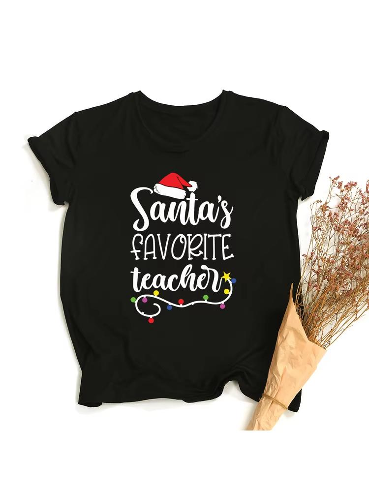 Unisex Teacher Christmas Graphic Tshirt Xmas Santa Hat Light Print Casual Short Sleeve Holiday Gift Tee Tops For Unisex Unisex