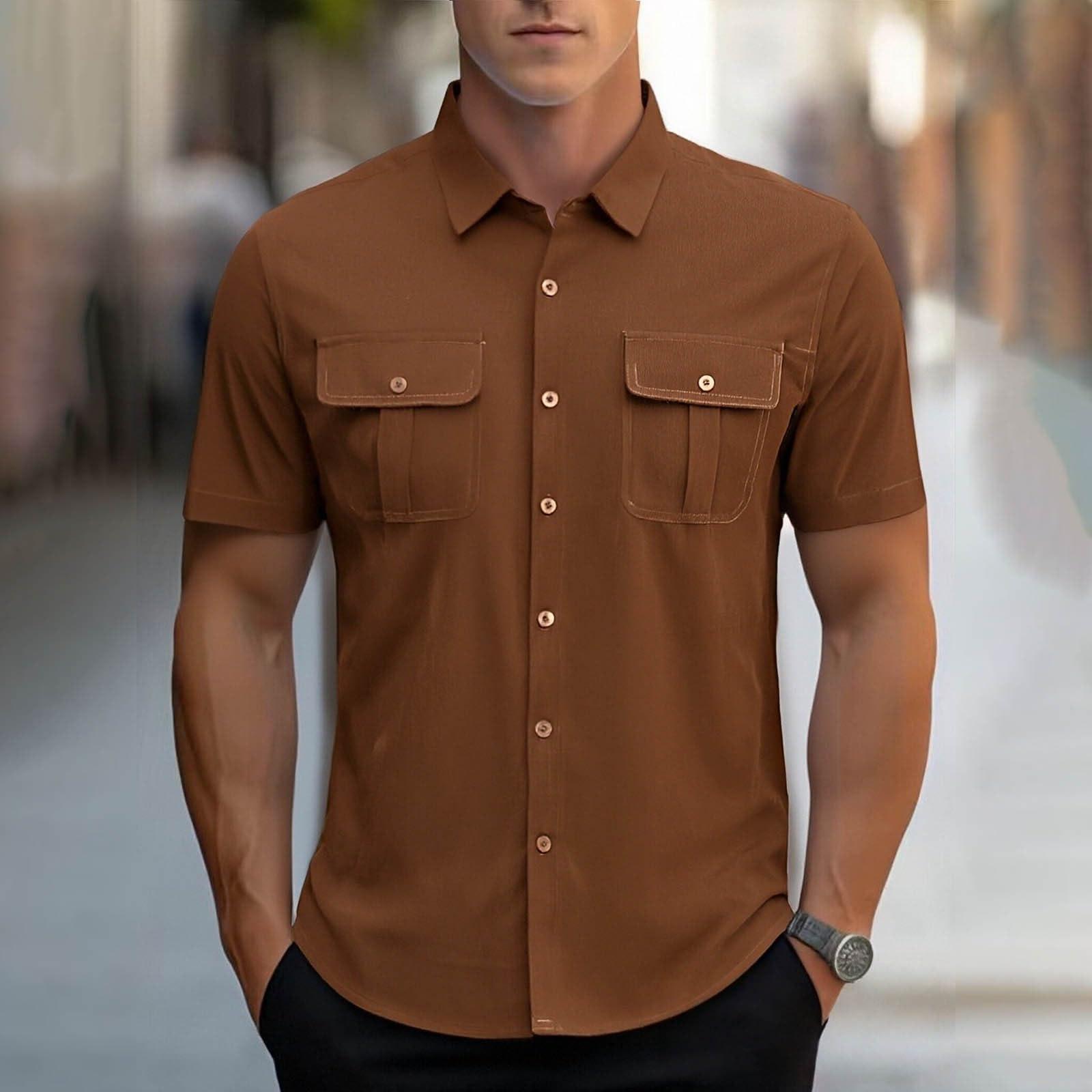 

Mens Corduroy Shirts Jacket Button Down Short Sleeve Work Shirts Shackets With Pocket Summer Lightweight Casual Tops XL коричневый