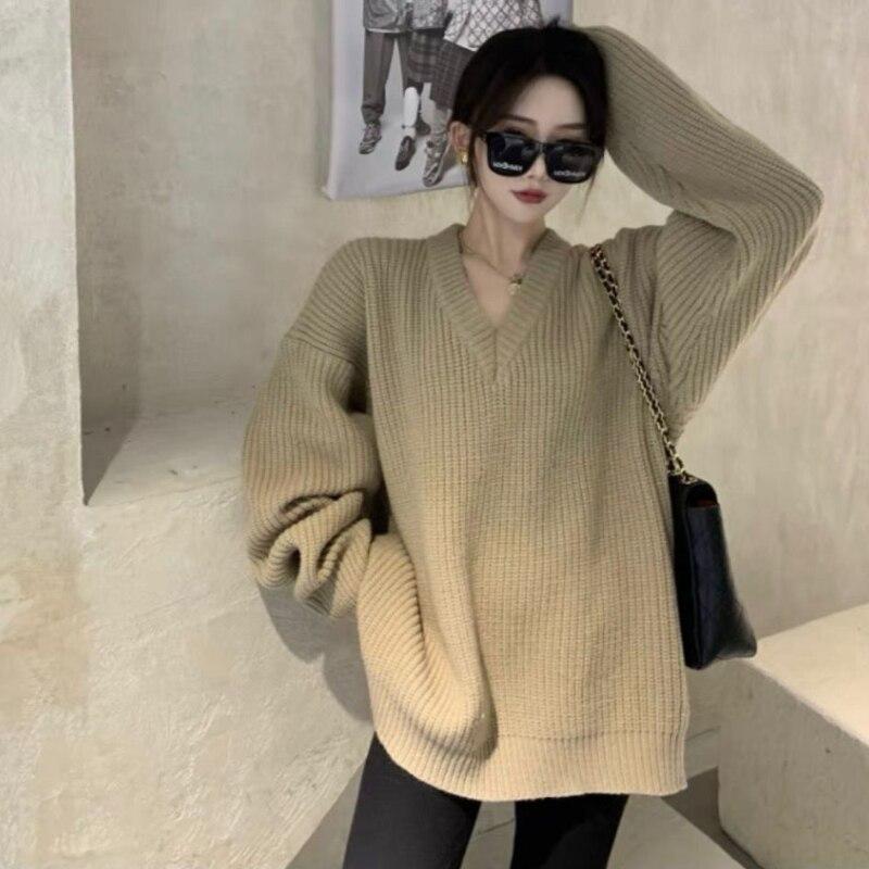 

Пуловер с v-образным вырезом, женский осенне-зимний свитер, свободный свитер средней длины с длинными рукавами, пальто
