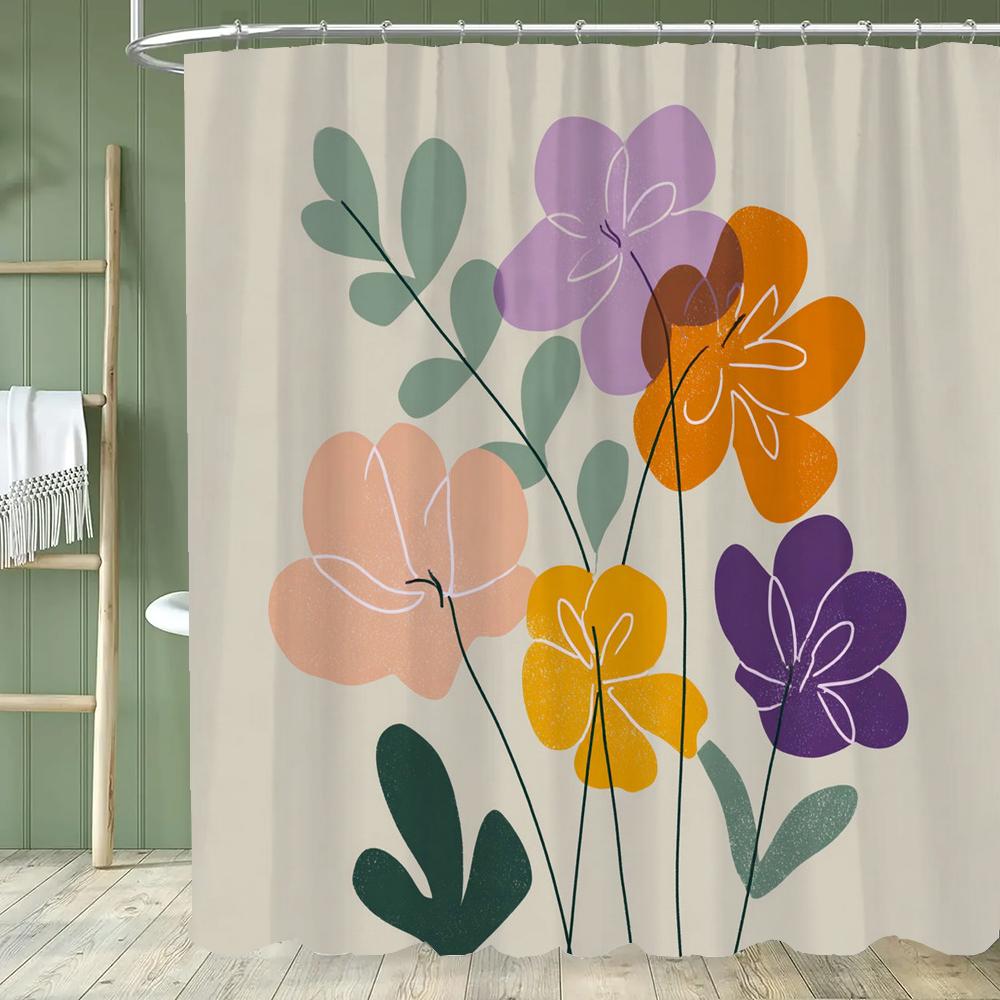 1pc Modern Minimalist Flowers Shower Curtain Floral Design Perfect Bathroom Decorative Bathroom Shower Curtain With Hooks