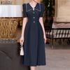 ZANZEA Elegant Women Casual Doll Collar Half Sleeve Long Dress