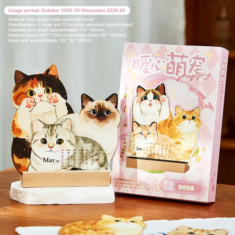 

2026 Настільний календар з кишеньками для карток Серія милих котів і собак Річний календар з дерев яною підставкою Настільний декор для дому Місячний планувальник