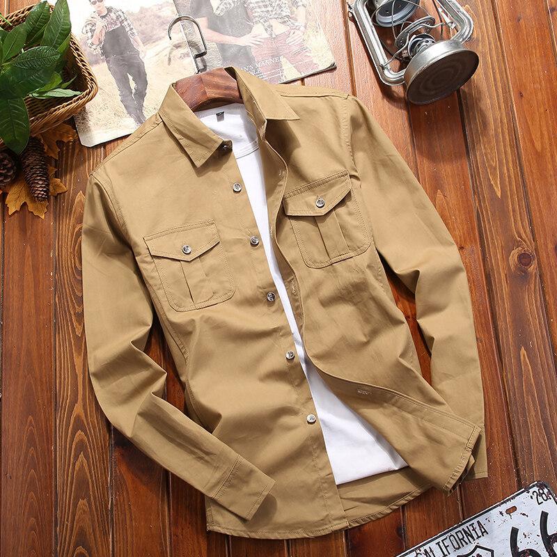

Men s Olive Green Dual Pocket Cargo Shirt, Casual Long Sleeve Button Down Workwear Top M хакі