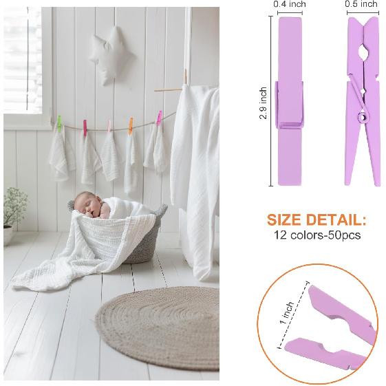 WAENLIR Colored Clothes p 12 Color 2.9inch 50PCS, Colorful ClothesP Wooden Clips for Photos Pictures Decorative Crafts, Decoration clothesp Clothing