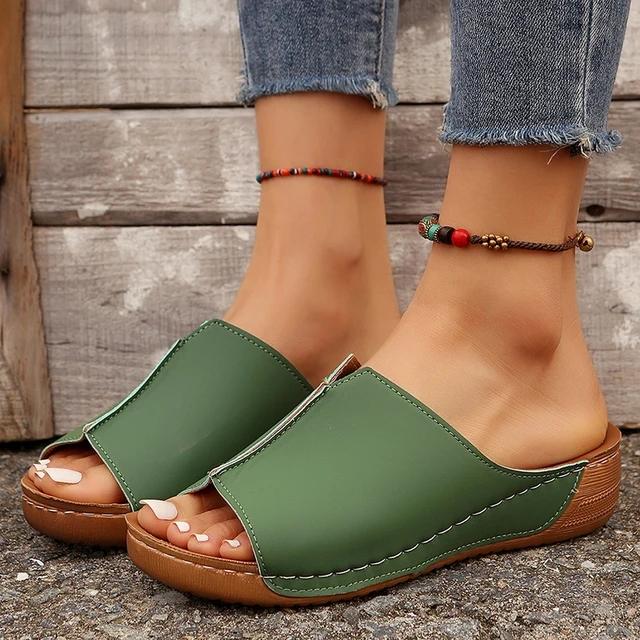 Fashion Rimocy Summer Comfortable Roman Slippers for Women Open Toe Med Heels Casual Sandals Lightweight Non Slip Beach Slides Plus Size