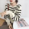 Early Autumn New Black and White Striped Knitted Cardigan Jacket Women's Long-sleeved Short Sweater Temperament Retro Short Top Women