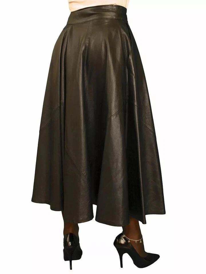 Damen Stilvoller Lammleder Weich Echt Handgefertigt Leder Langer Rock Ausgestellt Dunkelbraun Plissiert