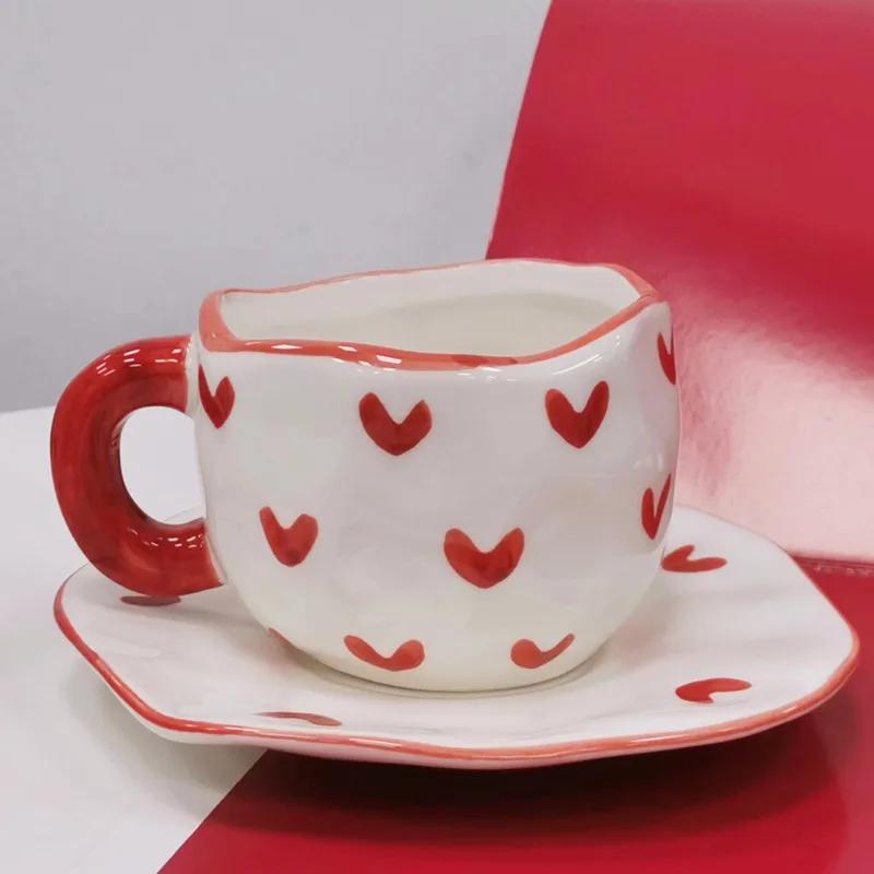 Romantic Hand-painted Love Heart Mug Gifts Korean Ins Style Coffee Tea Cup Saucer Set Creative Milk Mug Porcelain for Girlfriend
