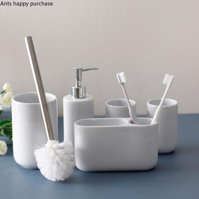 Weiße Keramik-Toilettenartikel, Lotionflasche, Mundbecher, Zahnbürstenhalter, Toilettenbürste, 5-teiliges Set, Badezimmer-Accessoires