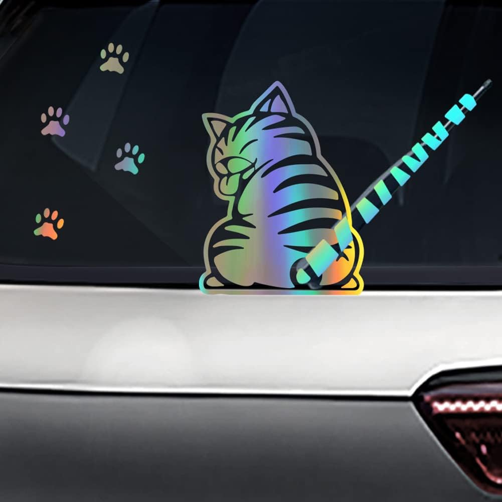 Funny Cat Rear Window Wiper Decal Waving Tail Stickers Cute Animal Moving Tail Rear Window Sticker Windshield Wiper Decal, Holographic Laser Cat
